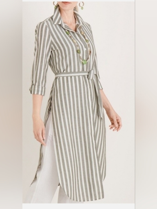 Chico's Tops - Chicos Linen Blend Maxi Tunic Stripe Skies Top 3/4 Sleeve Tropic Olive Button Up